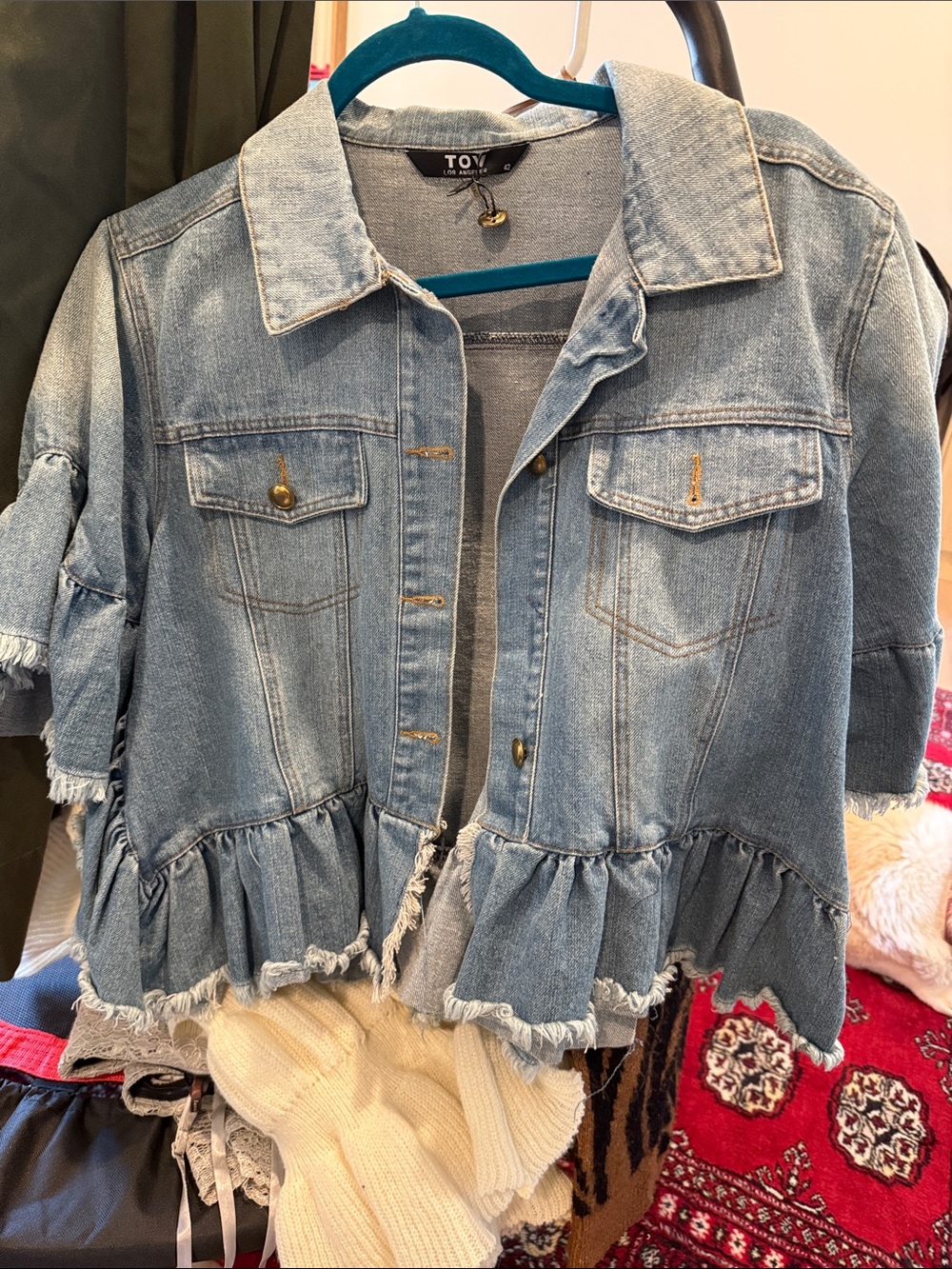 TOV Light Blue Ruffled Denim Jacket